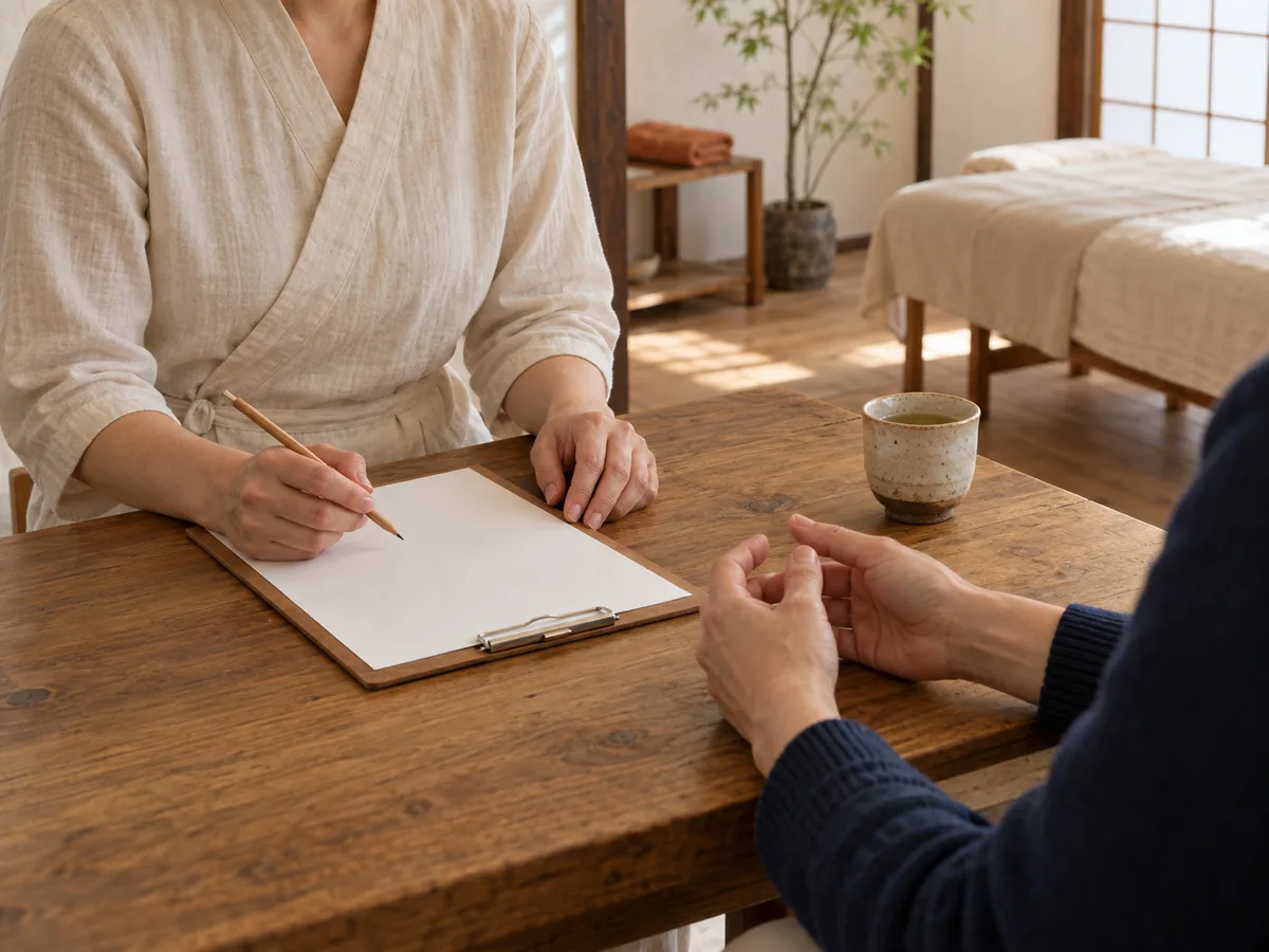 机をはさんで、施術者が相手の話に耳を傾けている手元。