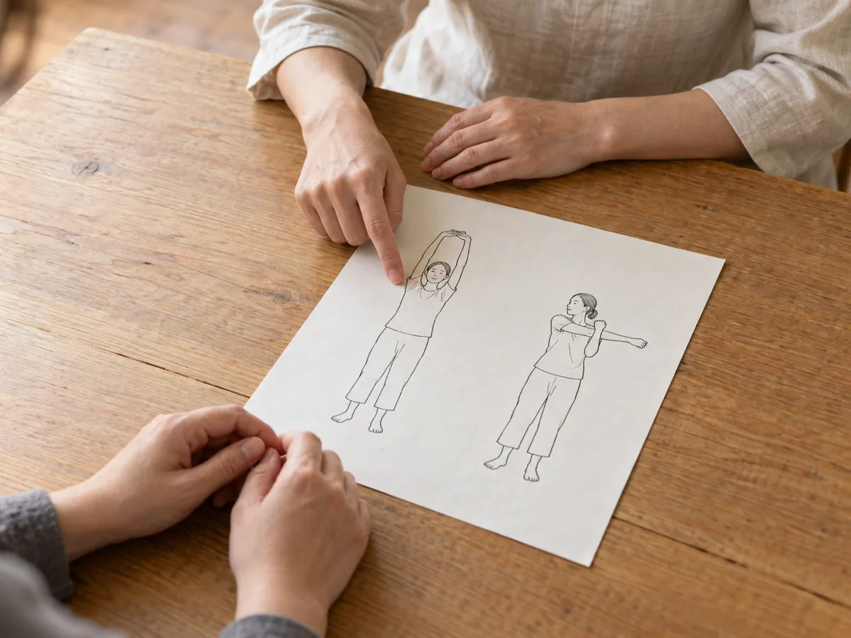 家でできる体操を書いた紙と、それを指し示す手元。