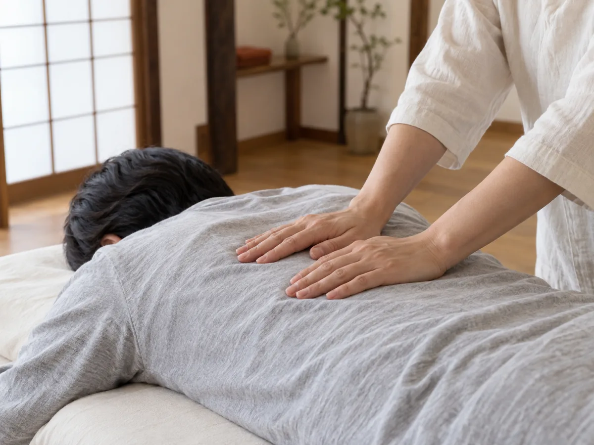 うつぶせになった方の背中に、施術者が手のひらをそっと添えている様子。